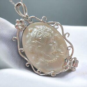 Sterling Silver Mother Of Pearl Cameo Pendant Necklace 18" Chain 925 Butterfly